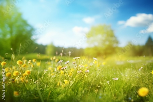 Beautiful meadow field with fresh grass and yellow dandelion flowers in nature against a blurry blue sky with clouds. Summer spring perfect natural landscape. gerenative ai.