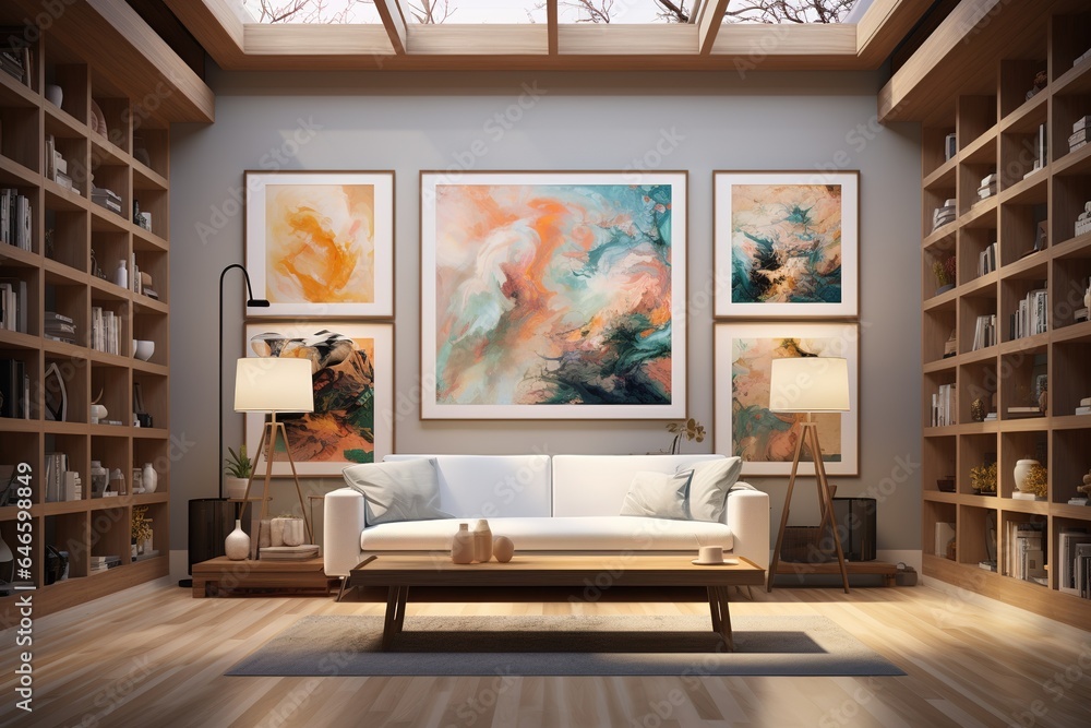 Fototapeta premium Artistic Gallery Living Room with gallery-style lighting, floating artwork, and a gallery-worthy, artistic interior. Artistic gallery home decor. Template