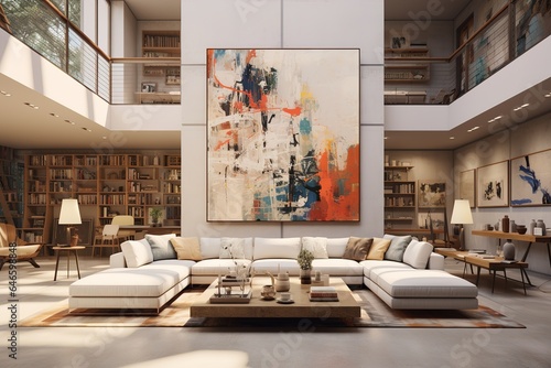 Artistic Gallery Living Room with gallery-style lighting, floating artwork, and a gallery-worthy, artistic interior. Artistic gallery home decor. Template photo