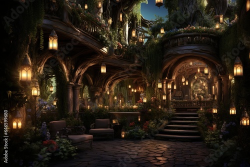 Enchanted Garden Retreat with a lush indoor garden  vine-covered walls  fairy lights  and a magical  nature-inspired design. Enchanted garden home decor. Template