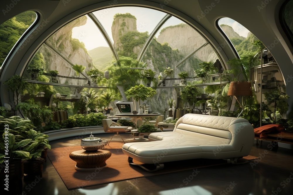 Fototapeta premium Futuristic Bio-Dome Living Room with a lush indoor ecosystem, transparent dome ceiling, and a futuristic, eco-conscious design. Futuristic bio-dome home decor. Template