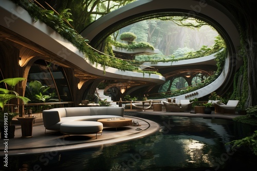 Futuristic Jungle Retreat with a lush indoor rainforest, hanging vines, and a futuristic, nature-inspired design. Futuristic jungle retreat home decor. Template © Parvez