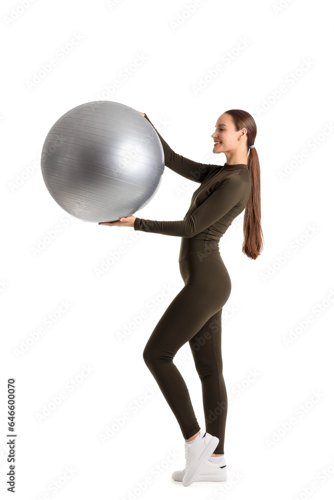 Sporty young woman with fitball on white background Sporty young woman with fitball on white background