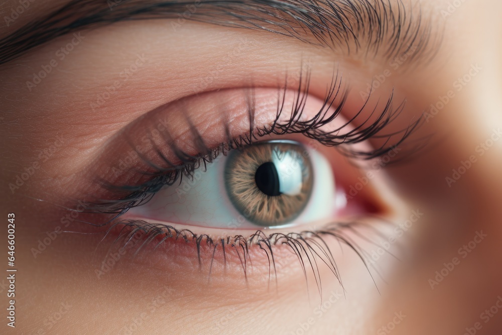 Female eye with long eyelashes close up.