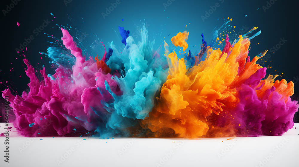 Colorful rainbow holi paint color powder explosion isolated white wide panorama background