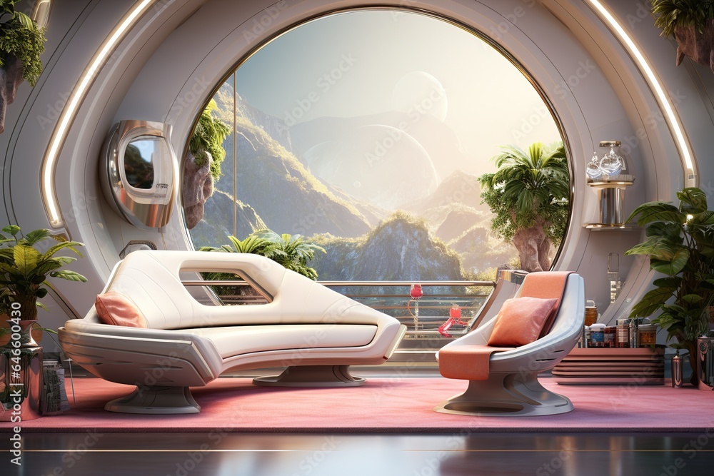 Space Explorer's Lounge with spaceship-inspired furniture, celestial decor, and a futuristic, interstellar ambiance. Space explorer's home decor. Template Space Explorer's Lounge with spaceship-inspired furniture, celestial decor, and a futuristic, interstellar ambiance. Space explorer's home decor. Template