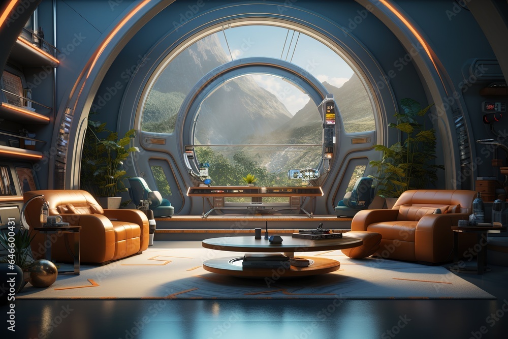 Fototapeta premium Space Explorer's Lounge with spaceship-inspired furniture, celestial decor, and a futuristic, interstellar ambiance. Space explorer's home decor. Template