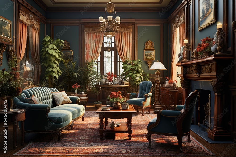 Timeless Victorian Living Room with antique furnishings, rich textiles, floral wallpaper, and a classic, elegant ambiance. Victorian home decor. Template