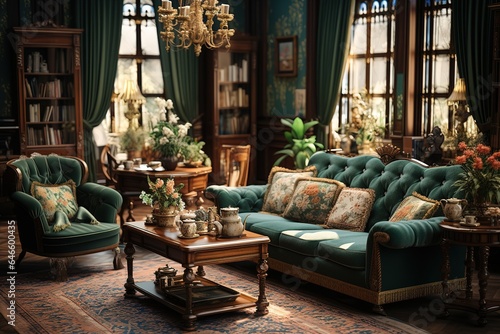 Timeless Victorian Living Room with antique furnishings, rich textiles, floral wallpaper, and a classic, elegant ambiance. Victorian home decor. Template