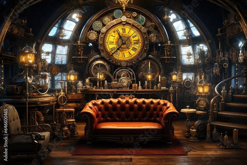 Time-Traveler s Steampunk Lounge with a time machine  vintage gadgets  and a time-traveler s den. Steampunk time traveler s home decor. Template