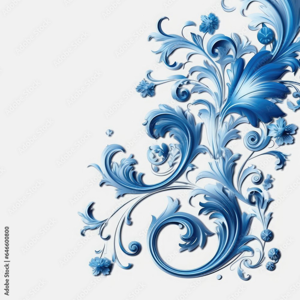 Blue elaborate filigree corner borders on white Background, AI Generated Blue elaborate filigree corner borders on white Background, AI Generated