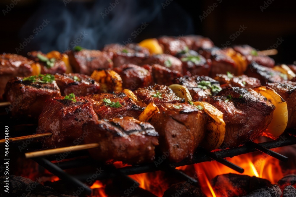 Appetizing shish kebab on skewers. Traditional American cuisine. Popular authentic dishes. Background Appetizing shish kebab on skewers. Traditional American cuisine. Popular authentic dishes. Background