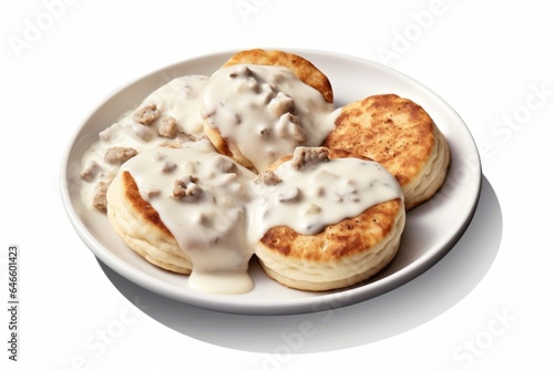 Appetizing Biscuits and gravy. Traditional American cuisine. Popular authentic dishes. Background with selective focus