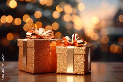Gift box. Merry christmas and happy new year concept. Festive decorations. Backdrop with beautiful bokeh