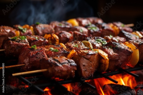 Appetizing shish kebab on skewers. Traditional American cuisine. Popular authentic dishes. Background