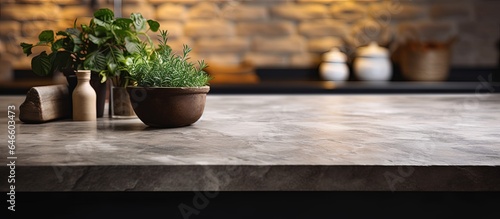 Blurred kitchen background with stone tabletop