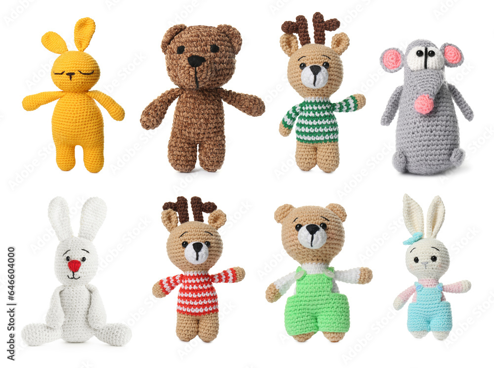 Obraz premium Set with different knitted toys isolated on white