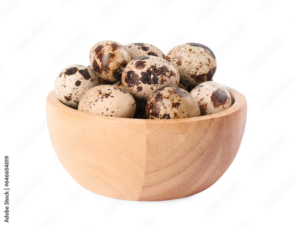 Wooden bowl with quail eggs isolated on white Wooden bowl with quail eggs isolated on white