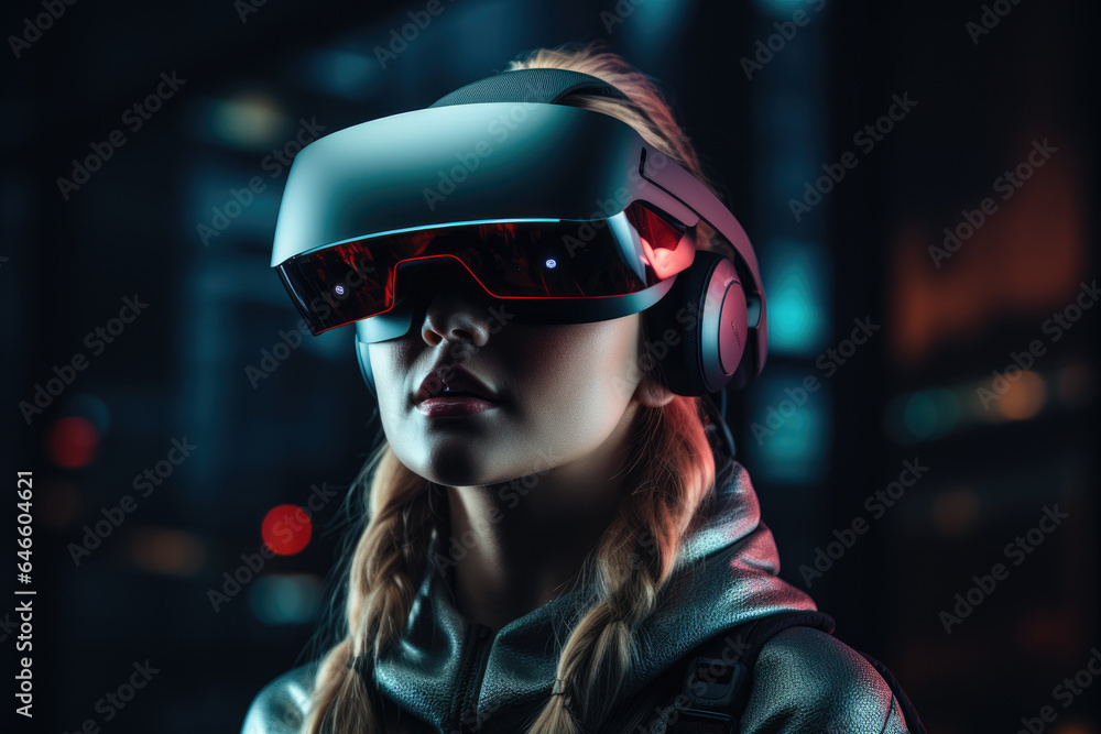 A virtual reality headset worn by a user exploring the metaverse. Generative Ai. A virtual reality headset worn by a user exploring the metaverse. Generative Ai.