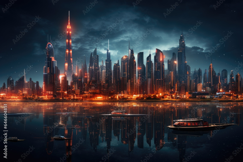 Fototapeta premium A futuristic metaverse city skyline, highlighting the digital landscape's grandeur. Generative Ai.