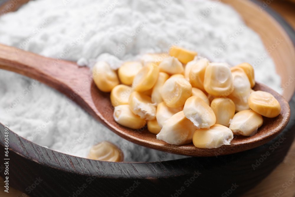 Bowl of corn starch and kernels on table, closeup Bowl of corn starch and kernels on table, closeup