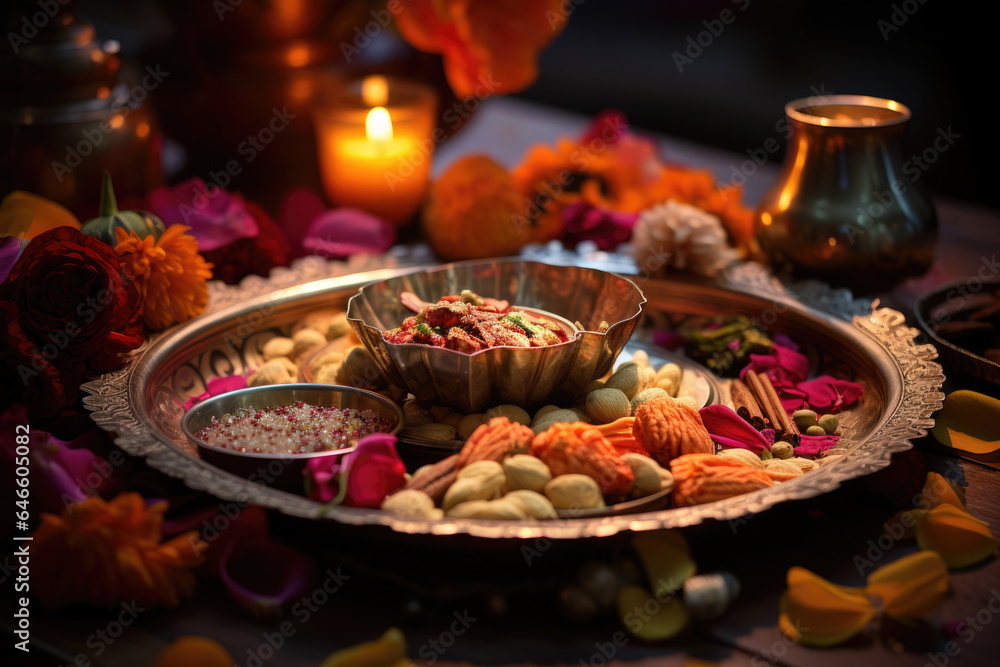 A beautifully decorated puja thali with offerings for prayers and blessings during Diwali. Generative Ai.