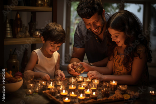A family lighting oil lamps in their home to celebrate Diwali  creating a warm and inviting atmosphere. Generative Ai.