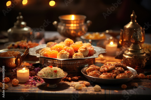 A festive table set with a variety of sweets and savory snacks  ready for a Diwali feast. Generative Ai.