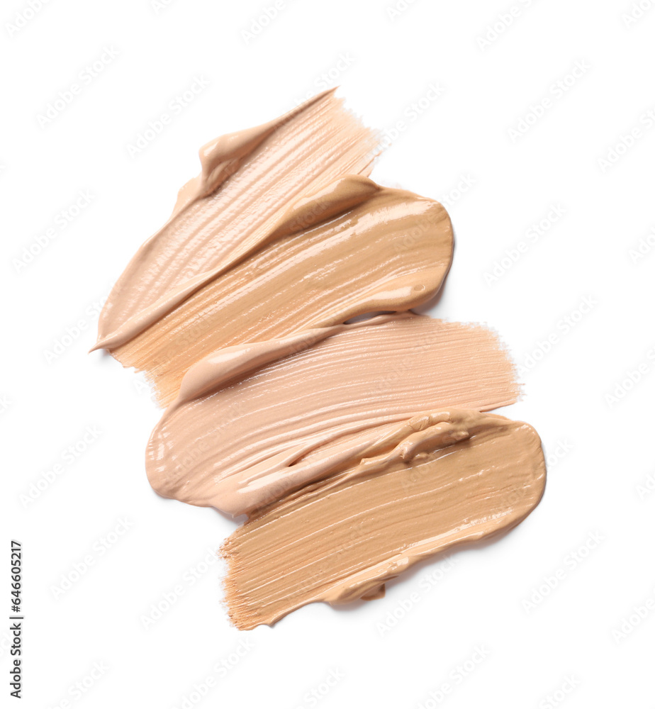Samples of skin foundation on white background, top view Samples of skin foundation on white background, top view