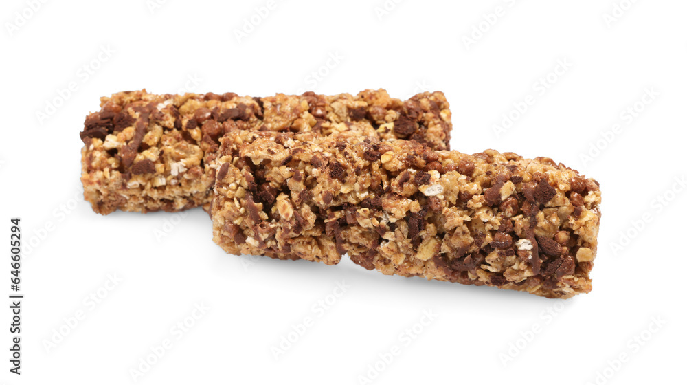 Two tasty granola bars isolated on white Two tasty granola bars isolated on white