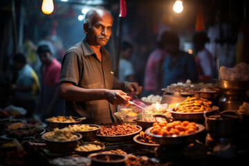 A vendor selling traditional Indian sweets and snacks at a bustling Diwali market. Generative Ai.