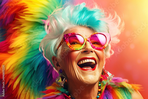 Elderly woman sporting a rainbow - colored wig and oversized glasses, standing with a wide smile against a multicolored background.