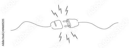 One continuous line drawing of plug inserting into electric outlet. Power socket disconnect in simple linear style. Concept of 404 error connection. Editable stroke. Contour Vector illustration