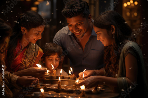 A family exchanging heartfelt Diwali greetings and blessings with one another. Generative Ai.