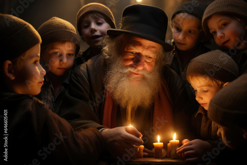 A group of children listening attentively to the Hanukkah story told by an elder. Generative Ai.
