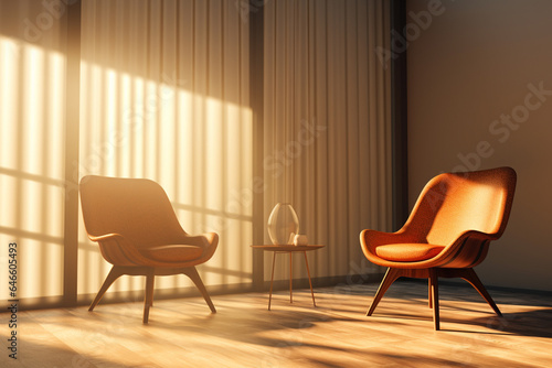In a mid-century modern living room  two barrel chairs and a round wooden coffee table sit by the window  near a paneled wall adorned with curtains. Generative AI.