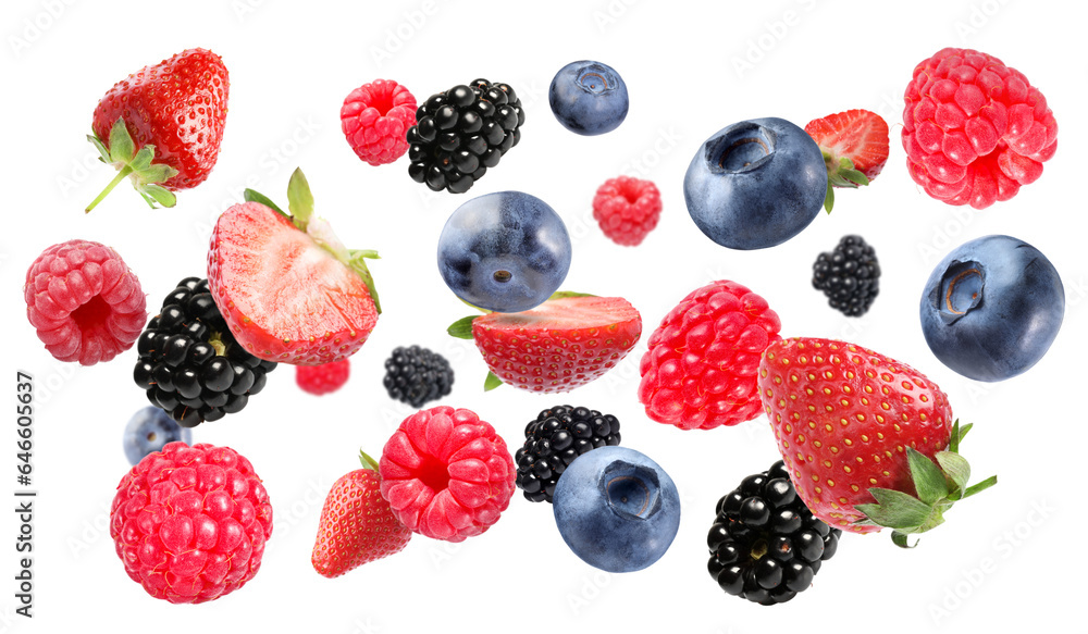Many different berries flying on white background Many different berries flying on white background