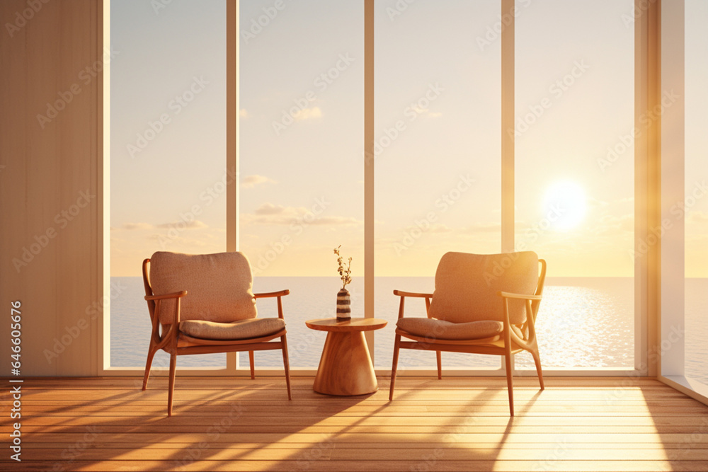 Fototapeta premium In a mid-century modern living room, two barrel chairs and a round wooden coffee table sit by the window, near a paneled wall adorned with curtains. Generative AI.