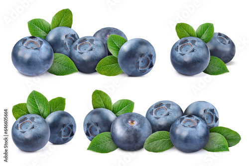 Set with fresh blueberries and green leaves isolated on white