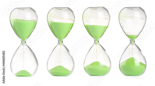 Passage of time. Hourglass with flowing sand on white background, collage