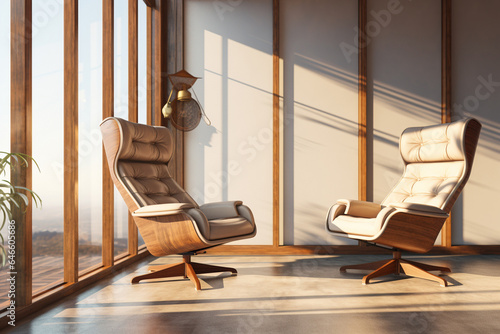 In a mid-century modern living room, two barrel chairs and a round wooden coffee table sit by the window, near a paneled wall adorned with curtains. Generative AI.