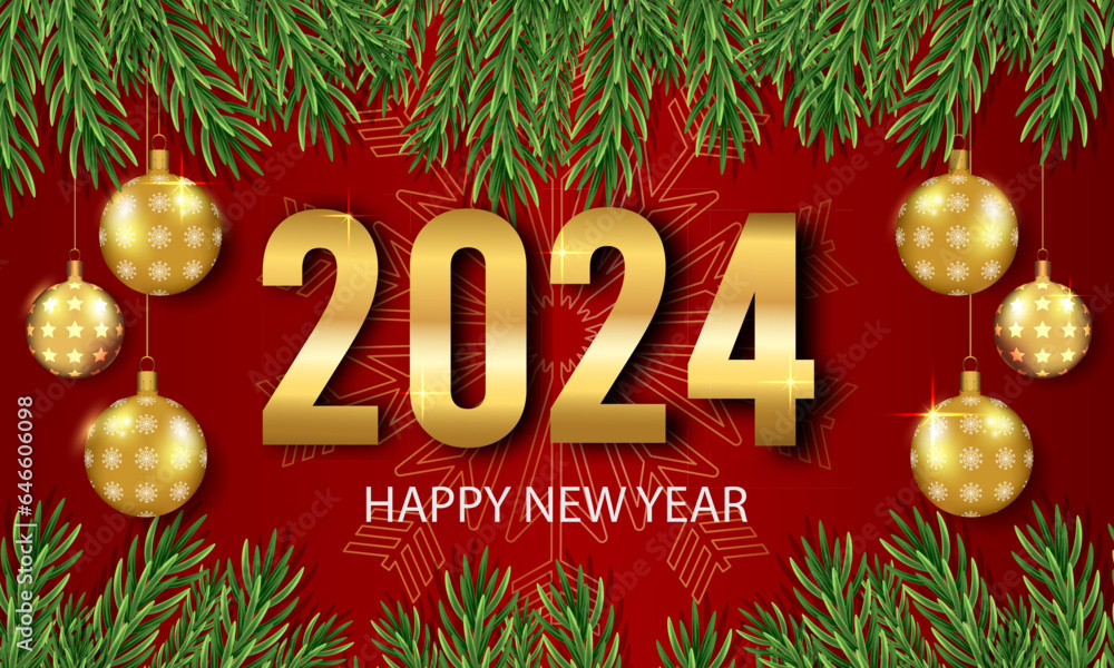 Φωτογραφία Happy New Year 2024 golden numbers with Christmas banner, festive Christmas composition, top view of Christmas tree balls, snowflakes, green tree branches