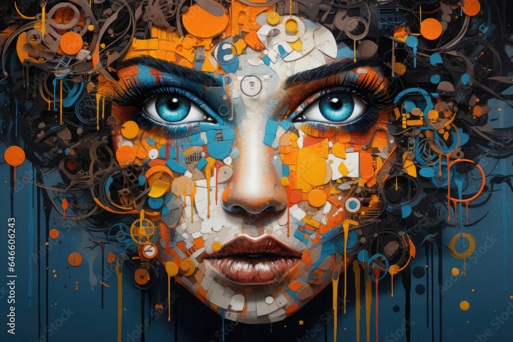 Naklejka premium A contemporary street art mural filled with vibrant graffiti and urban imagery. Generative Ai.