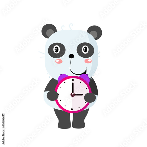 Vector cute panda with alarm clock cartoon vector icon illustration
