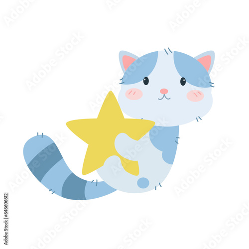 Vector cute cat hugging star cartoon vector icon illustration