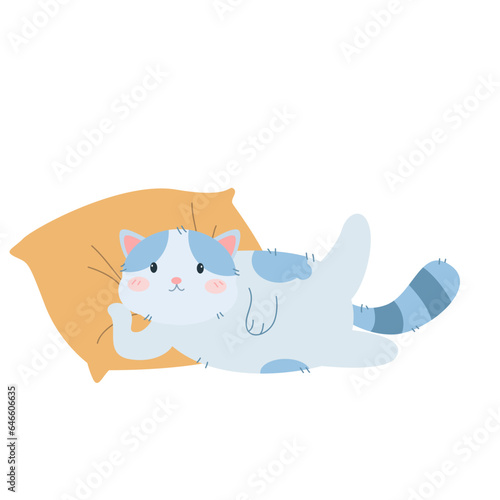 Cute cat laying with pillow  cartoon vector icon illustration