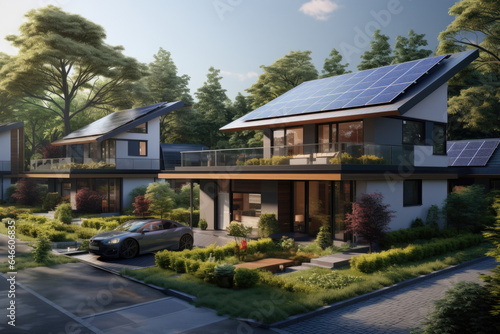 A residential microgrid allowing homeowners to share excess renewable energy within a neighborhood. Generative Ai. © Sebastian
