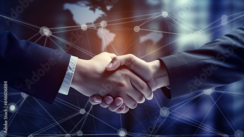 Businessmen handshake global stock market graph bar chart globe network connection links diagram background. Digital innovative technology internet communication agreement partnership teamwork concept photo