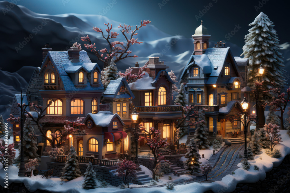Snowy Village. Miniature village with glowing houses and snowy landscapes, portraying the charm of holiday village displays. Generative AI.