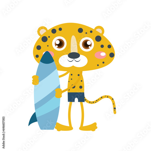 Vector cute cheetah cat with surfboard cartoon vector icon illustration